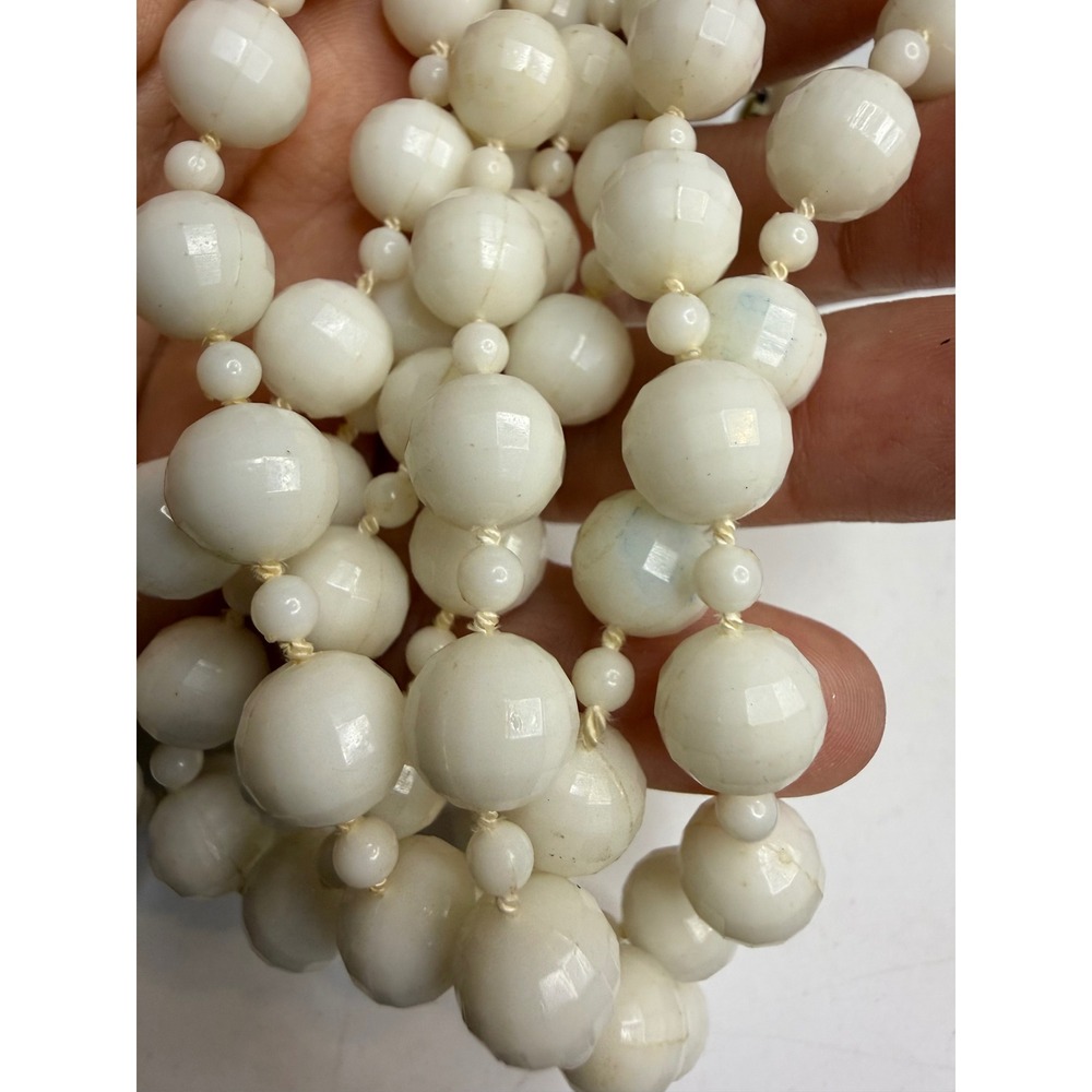 Vintage Hong Kong Milk Glass Faceted Bead Necklace White Hand Knotted 28 Inch